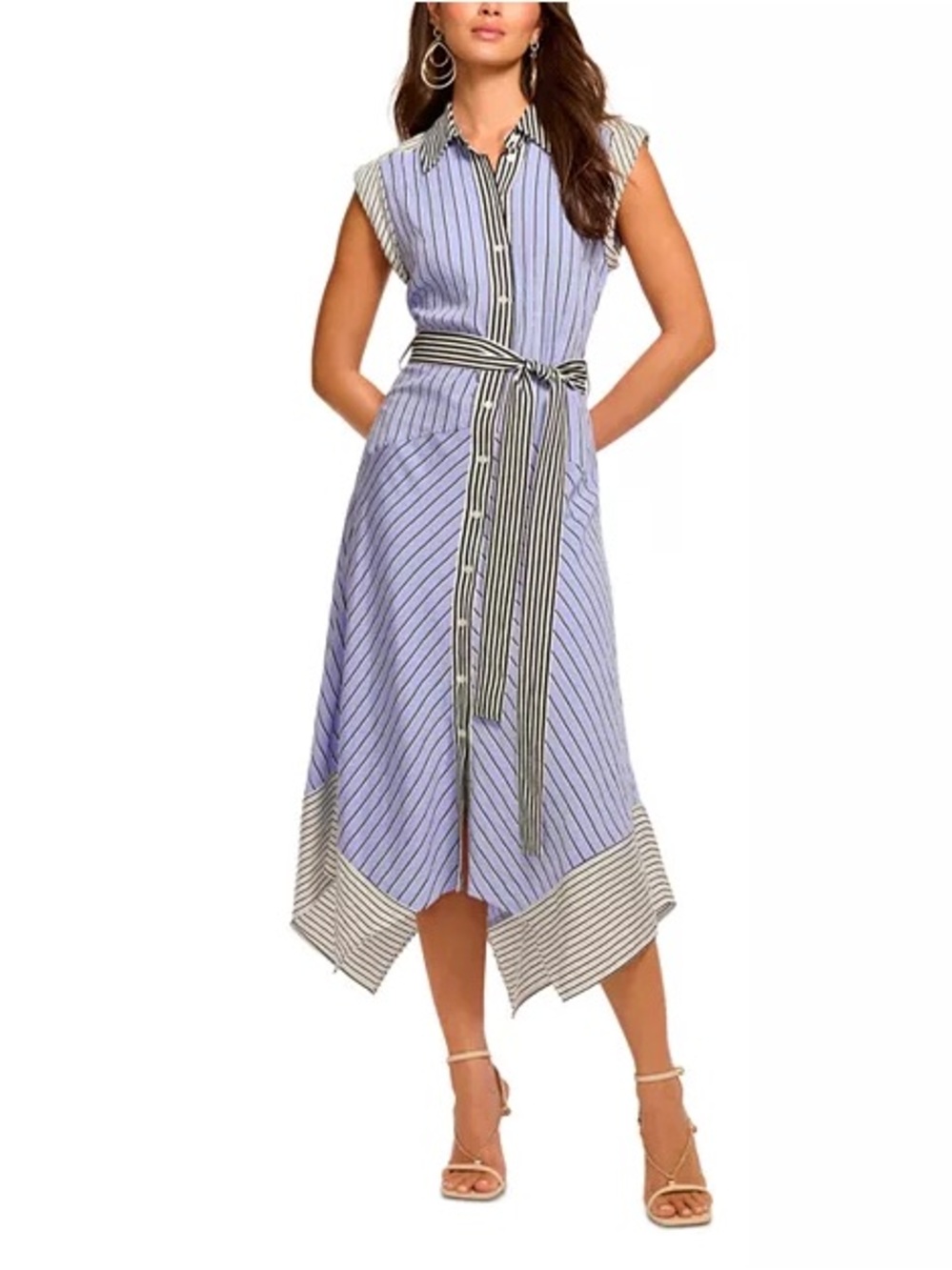 Ramy Brook Vivienne Blue and White Handkerchief Striped Midi Shirt Dress